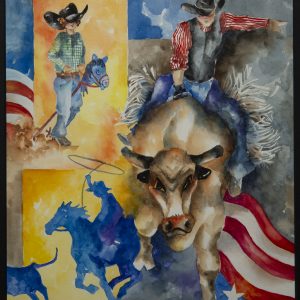 Painting - Rodeo - colorful painting in patriotic colors of red, white and blue with some yellow/orange in background. Painting features bull rider on a large bull, young boy riding a stick horse and a silhouette in blue of a cowboy roping a steer.