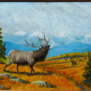 Painting - Rutting - painting of a large male Elk or Deer with a large rack on top his head and appears to be bugling while standing on beautiful orange, yellow and red grass with other Elk/Deer in the background.