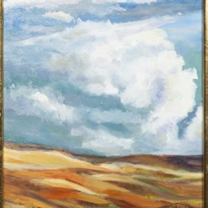 Painting - Scottish Skies - painting of hillside in colors of gold and brown with a beautiful blue sky with puffy white clouds