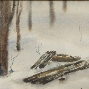 Painting - Snowy Woods - painting of snow covered ground with remnants of tree logs on the ground with brown tree trunks in the background
