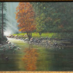 Painting - Solitude - painting of gentle stream with tree reflecting in the water that has golden leaves. Rocks and trees border each side of the stream.