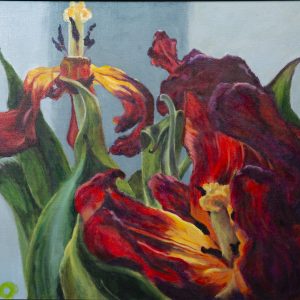 Painting - Spent Tulips - painting of three vibrant red tulips with yellow centers that are nearing the end of their blooming season.