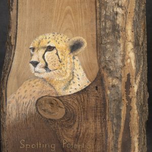 Painting - Spotting Potential - detailed painting of a leopard on a stump of wood that has be made smooth on one side.