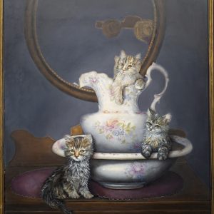Painting - Tidy Cats - painting of three kittens in a vintage wash basin bowl with pitcher that is sitting on a vintage wash basin dresser.