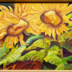 Painting - Two Sunflowers - painting of two vibrant yellow/orange sunflowers surrounded by a variety of green and brown foliage.