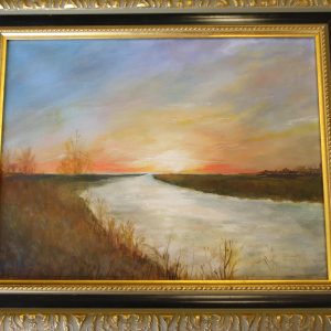 Painting - Winter Time - painting of calm or frozen river with brown/gold grasses on either side and beautiful orange sunrise or sunset in the background.