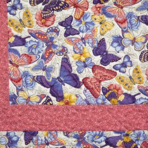 Quilting - Magnusson Quartermania - Detail - quilt designed of a butterfly printed fabric as the background with a royal blue border, a second square frame set inside the border in a lighter blue fabric and a third square frame in a pink patterned fabric set inside the light blue frame.