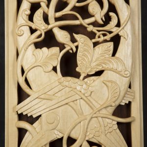 Sculpture 3D - Reflections of the Book of Kells - intricate wood carving of two birds with long necks that are intertwined with each other.