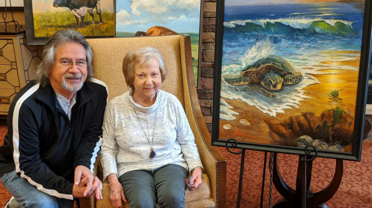 Artist Mark Ward reconnected with Jan Anderson at the Art is Ageless reception this spring. Two of Mark’s paintings hang in Jan’s apartment at Presbyterian Manor.